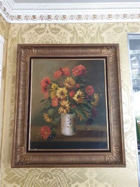 Ancien Grand Tableau Huile Sur Toile Nature Morte Bouquet De Fleur