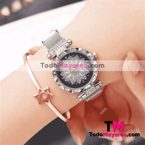 Reloj Extensible Mesh Iman Flor De Loto Diamantes Plata R Relojes