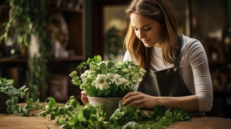 Woman Arranging Flowers In Green Apron Premium AI Generated Image