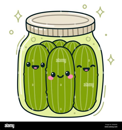 Jar Of Dill Pickles With Kawaii Smiling Faces Cute Hand Drawn Cartoon