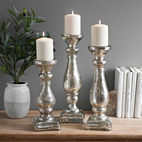 Silver Mercury Glass Candlesticks Set Of 3 Kirklands Mercury Glass Candles Mercury Glass