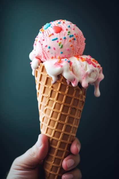 Una Mano Sosteniendo Un Cono De Helado De Fresa Con Chispas De Arco