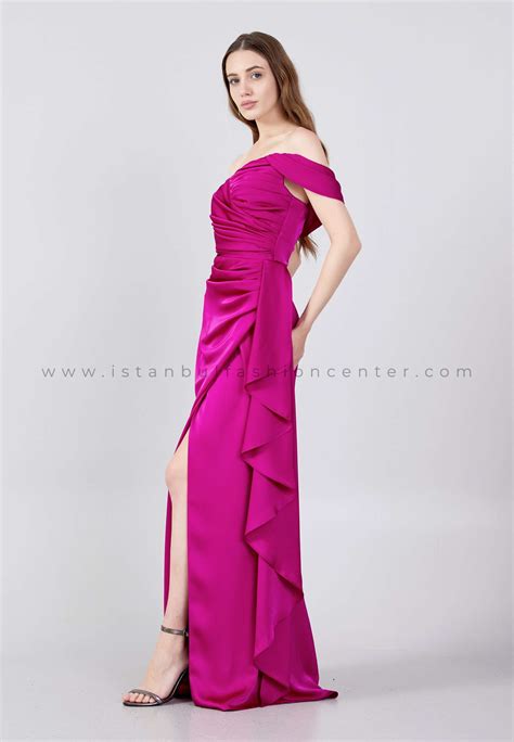 Serİn Couture Off Shoulder Maxi Satin Mermaid Regular Fuchsia Wedding Guest Dress Srn9221fus