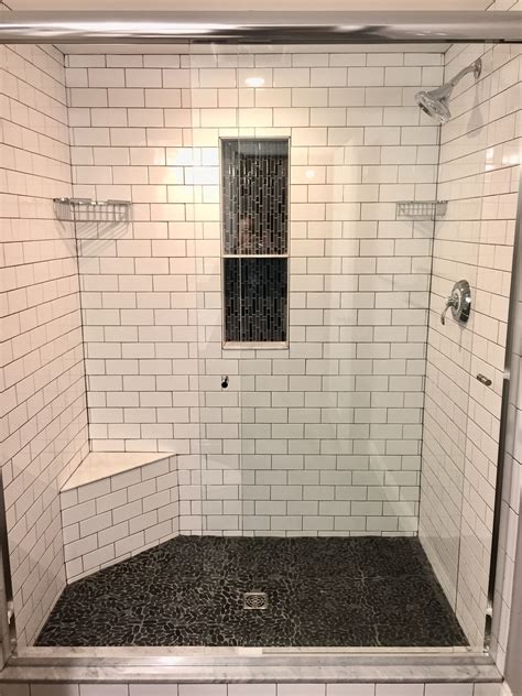 Master Shower Subway Tile With Grey Grout Vertical Backsplash Niche