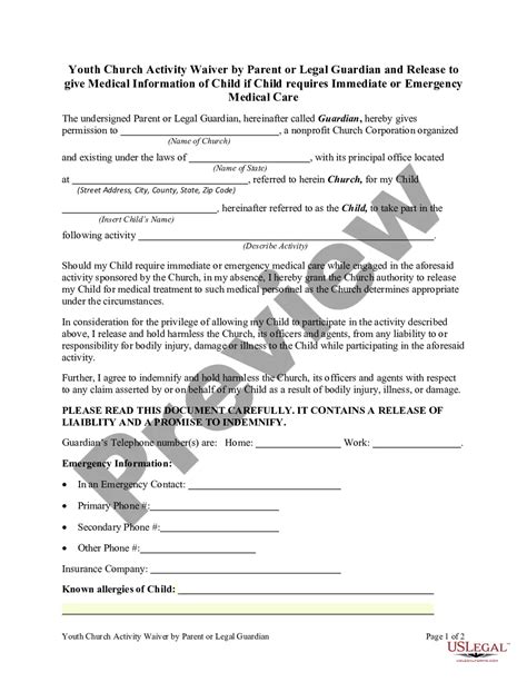 Youth Church Activity Waiver And Release To Give Medical Information