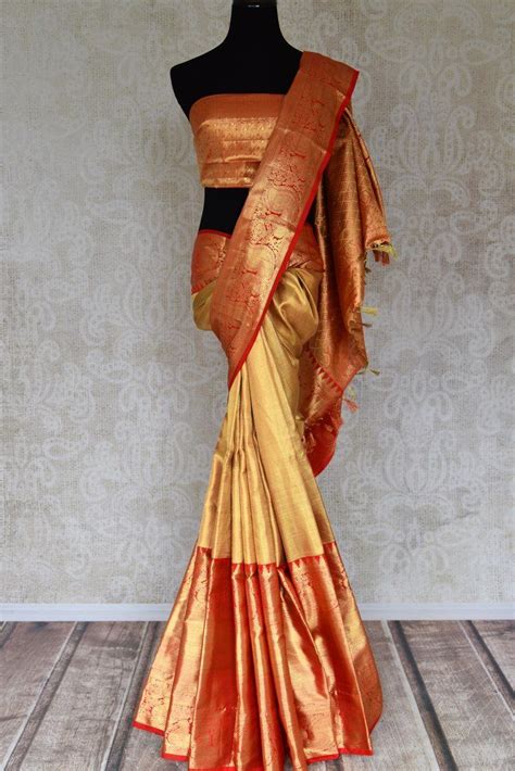 90h439 Golden Kanjivaram Saree With Red Zari Border And Pallu Saree