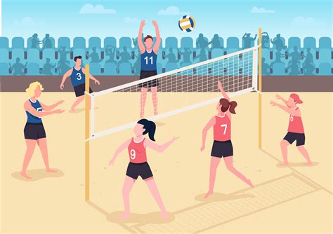 People Playing Volleyball On Beach Flat Color Vector Illustration By