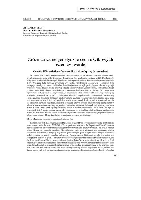 PDF Zróżnicowanie genetyczne cech użytkowych pszenicy twardej