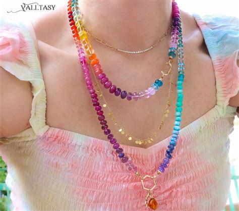 Solid Gold 14k Silk Knotted Multi Gemstone Necklace Long Versatile Necklace Valltasy