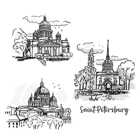 A set of views of St. Petersburg Russia. Graphic sketches. Black and