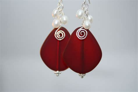 Red Sea Glass Earrings Seaglass Earrings Sea Glass Jewelry Etsy