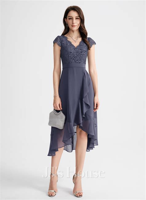 A Line V Neck Asymmetrical Chiffon Lace Cocktail Dress With Cascading