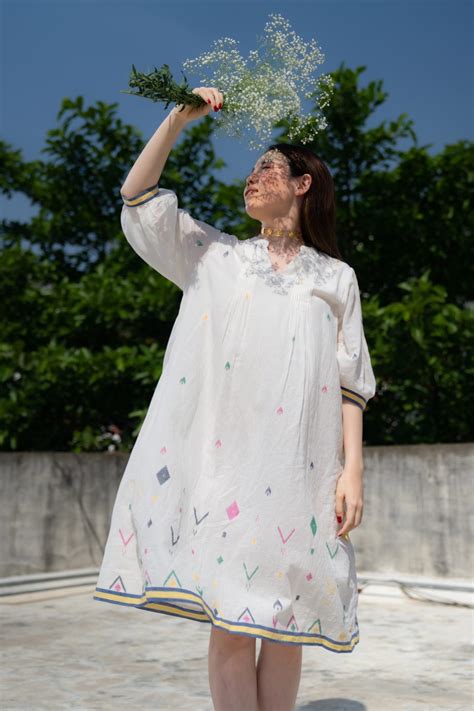 White one piece dress knee length , Jamdani, Relaxed Fit : Marrakesh