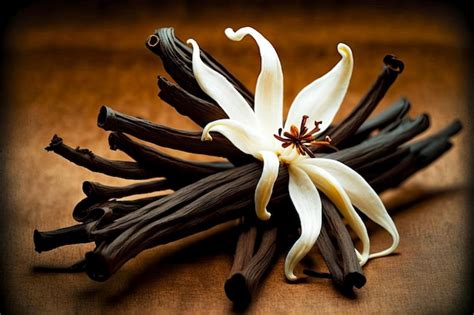 Palitos de vainas de vainilla secas con increíble flor blanca Foto