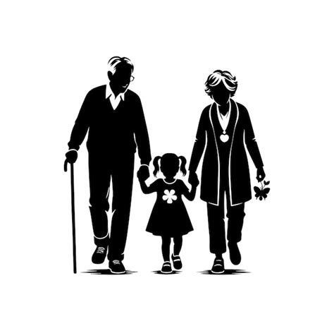 Vector De Silhouette Des Grands Parents Marchant Avec Leur Petite Fille