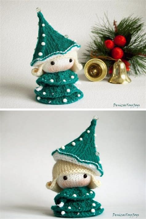 Crocheted Gnome Doll In Green And White Outfit Next To Christmas Tree