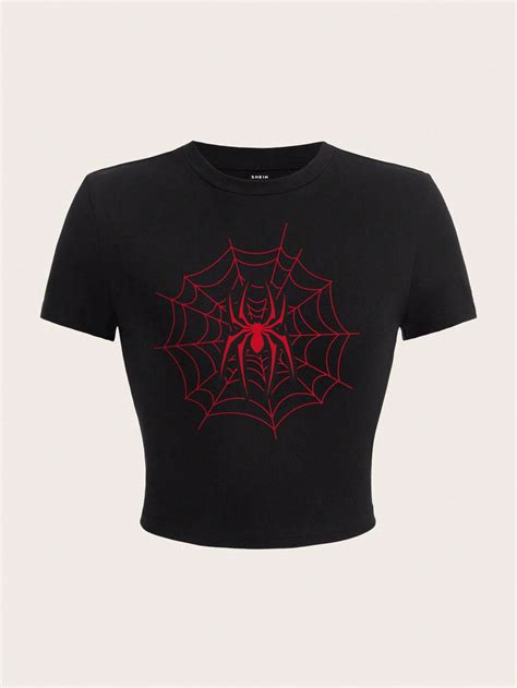 Spider Print Slim Fit Crop Top T Shirt For Women SHEIN En 2024