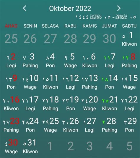 Kalender Bulan Oktober 2022 Lengkap Dengan Tanggal Hijriyah Halaman 2