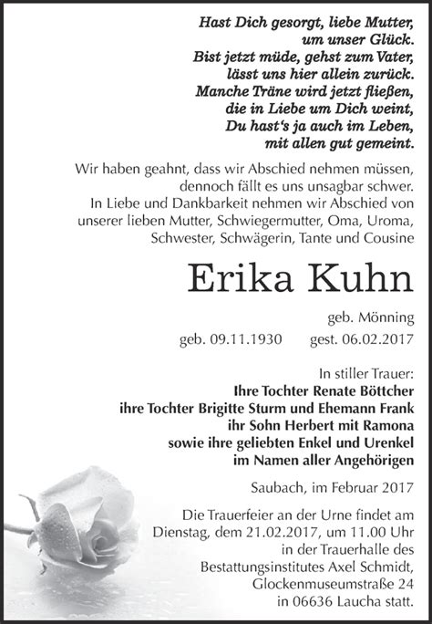 Traueranzeigen Von Erika Kuhn Abschied Nehmen De