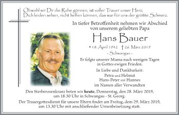 Traueranzeigen Von Hans Bauer Augsburger Allgemeine Zeitung