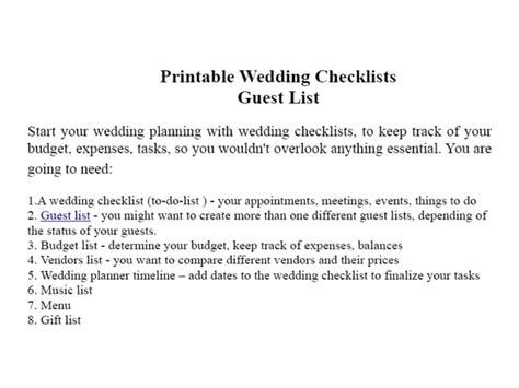 Printable Wedding Checklists Guest List Ppt