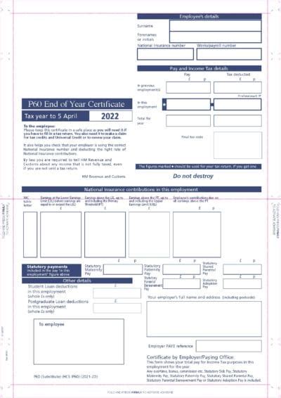 Sage P60 2021 2022 HMRC End Of Year Self Seal Mailer SCP60 Pack Of 10