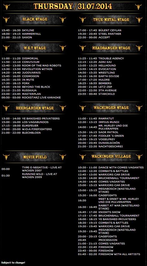 Wacken Open Air Running Order Day Concerts Metal