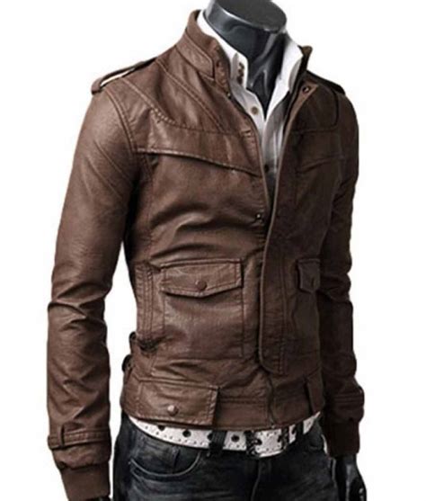 Men's Designer Stand Collar Slim Fit Light Brown Leather Jacket ...