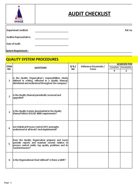 Audit Checklist: Quality System Procedures | Audit | Specification ...