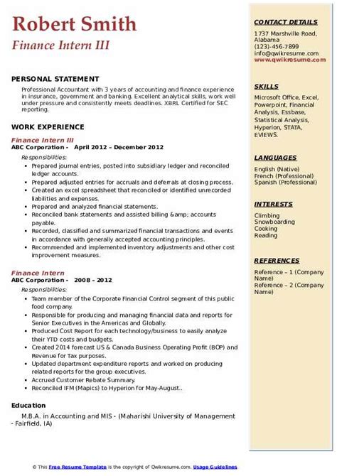 Finance Intern Resume Samples QwikResume