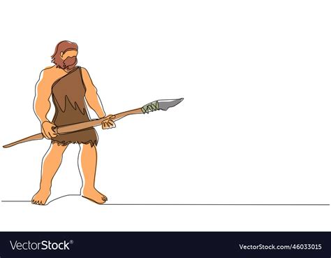 Continuous One Line Drawing Caveman Standing And Vector Image