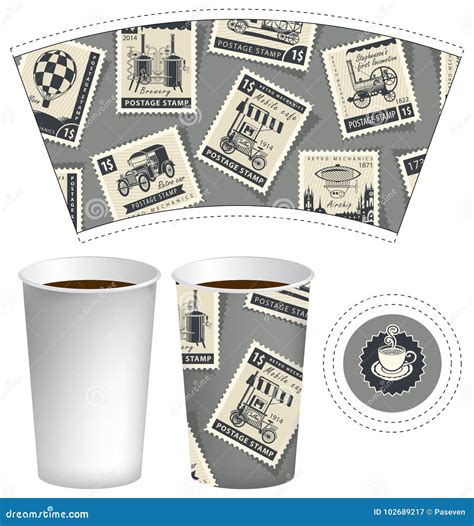 Paper Cup For Hot Drink With Postage Stamps Stock Vector Illustration Of Decorative Break
