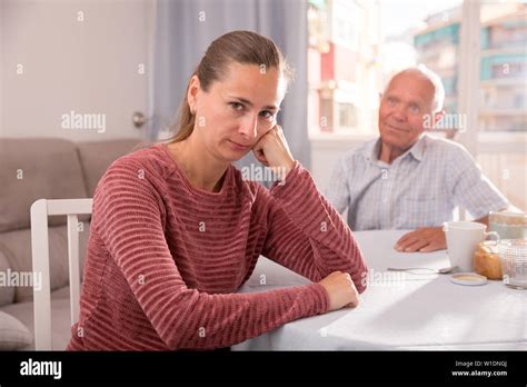 Mature Father Soothes Adult Daughter Stock Photo Alamy