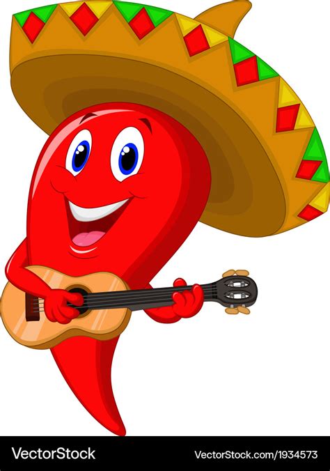 Chili Pepper Mariachi Cartoon Wearing Sombrero Pla