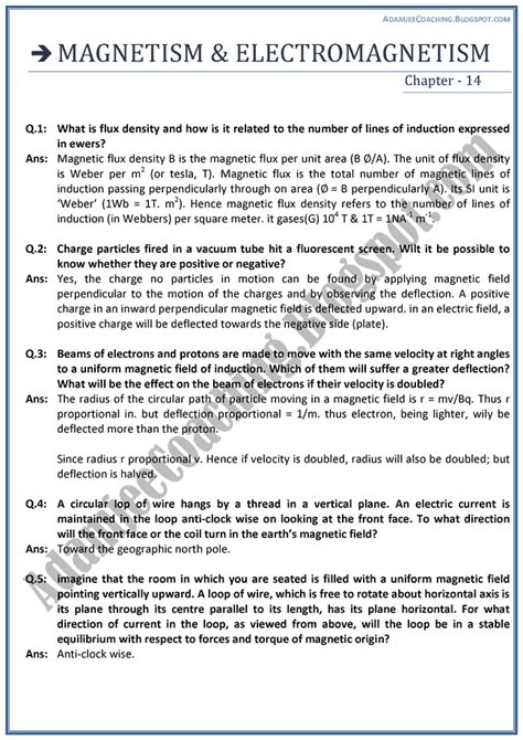 Adamjee Coaching Magnetism And Electromagnetism Question Answers