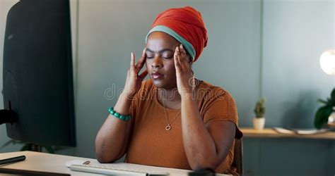 Black Woman Computer And Headache In Stress Overworked Or Burnout