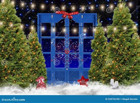 Custom Christmas Decoration With Big Door Pine Trees Lights And Snow