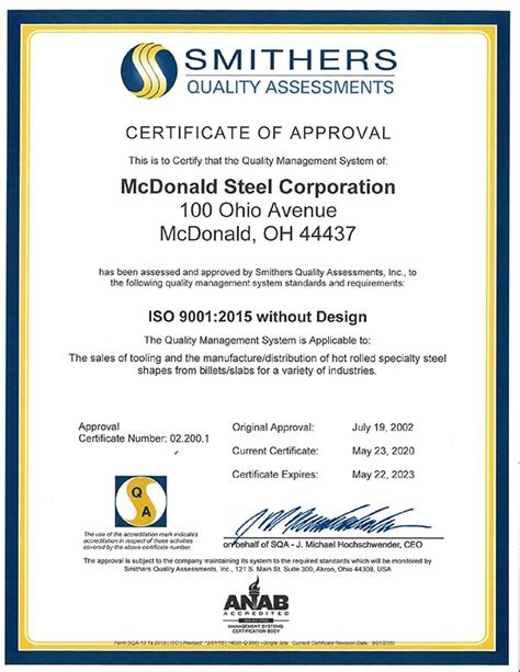 Iso 9001 Certification Mcdonald Steel