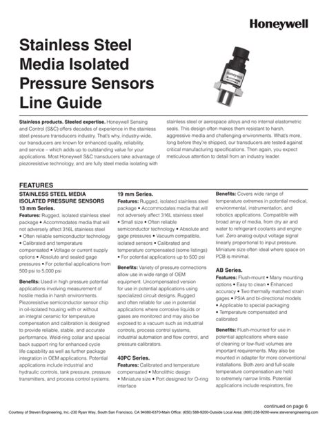 Honeywell Sensing And Control Pressure Sensors Line Guide