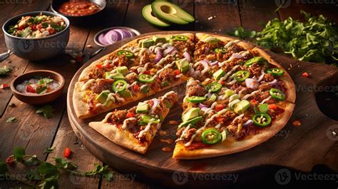 Photography Of Delicious Roasted Chicken Pizza On Wooden Cutting Board For Fast Food Ready To