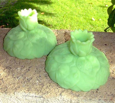 Lime Green Fenton Glass Vintage Lime Green Jadeite Candlesticks Retro Fenton Art Glass