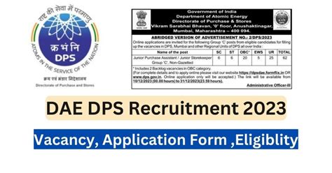 DAE DPS Recruitment 2023 Apply Online 62 Storekeeper Posts