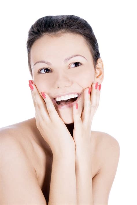 Cuadro Del Brunette Sonriente Sobre Blanco Imagen De Archivo Imagen De Labios Calma