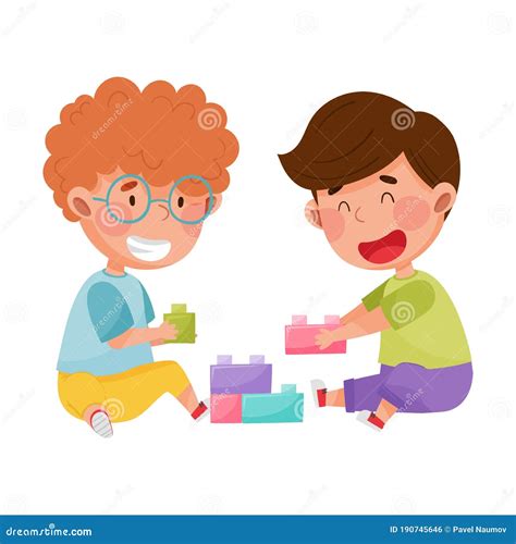 Friendly Kids Playing Together Sharing Toys And Running Vector ...
