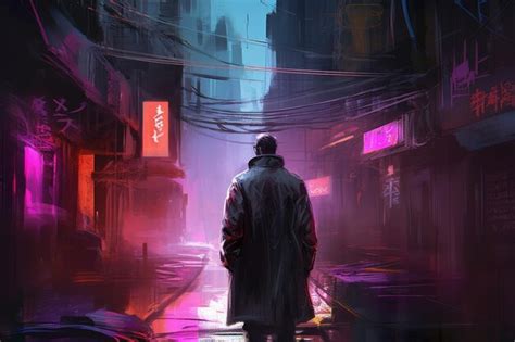 Premium Ai Image A Man Stands In A Dark Alley With A Neon Sign That