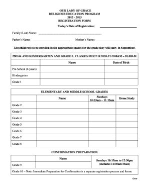 Fillable Online Ourladygrace Religious Education Registration Form