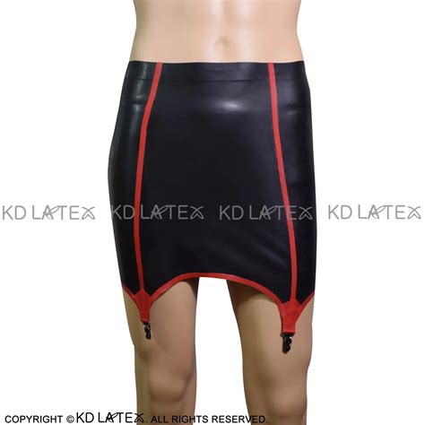 Black Sexy Latex Skirt With Suspenders Lacing At Back And Red Trims