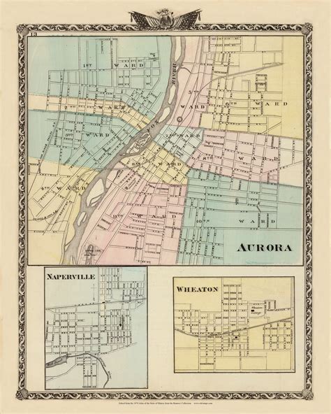 Aurora, Napierville & Wheaton Cities, 1876 Illinois - Old Map Reprint - Warner & Beers Illinois ...