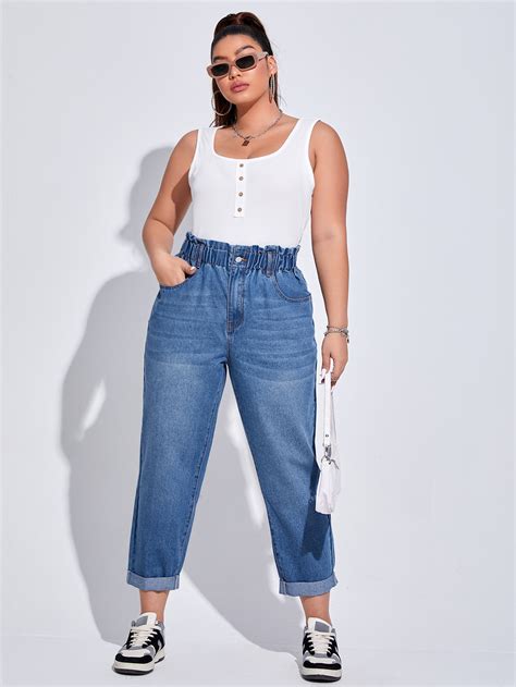 SHEIN Jeans De Ajuste Mom De Cintura Con Volante Bajo De Doblez Moda