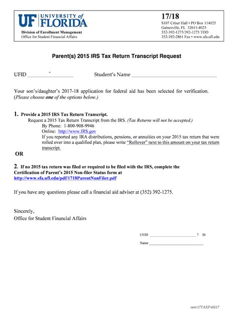 Fillable Online Sfa Ufl Parent S 2015 IRS Tax Return Transcript